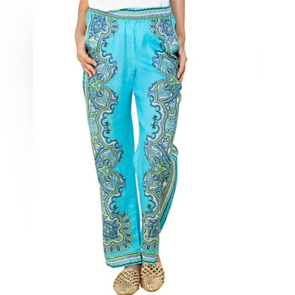 Hale Bob Pants - Hale Bob turquoise multicolor boho elastic waist linen pants